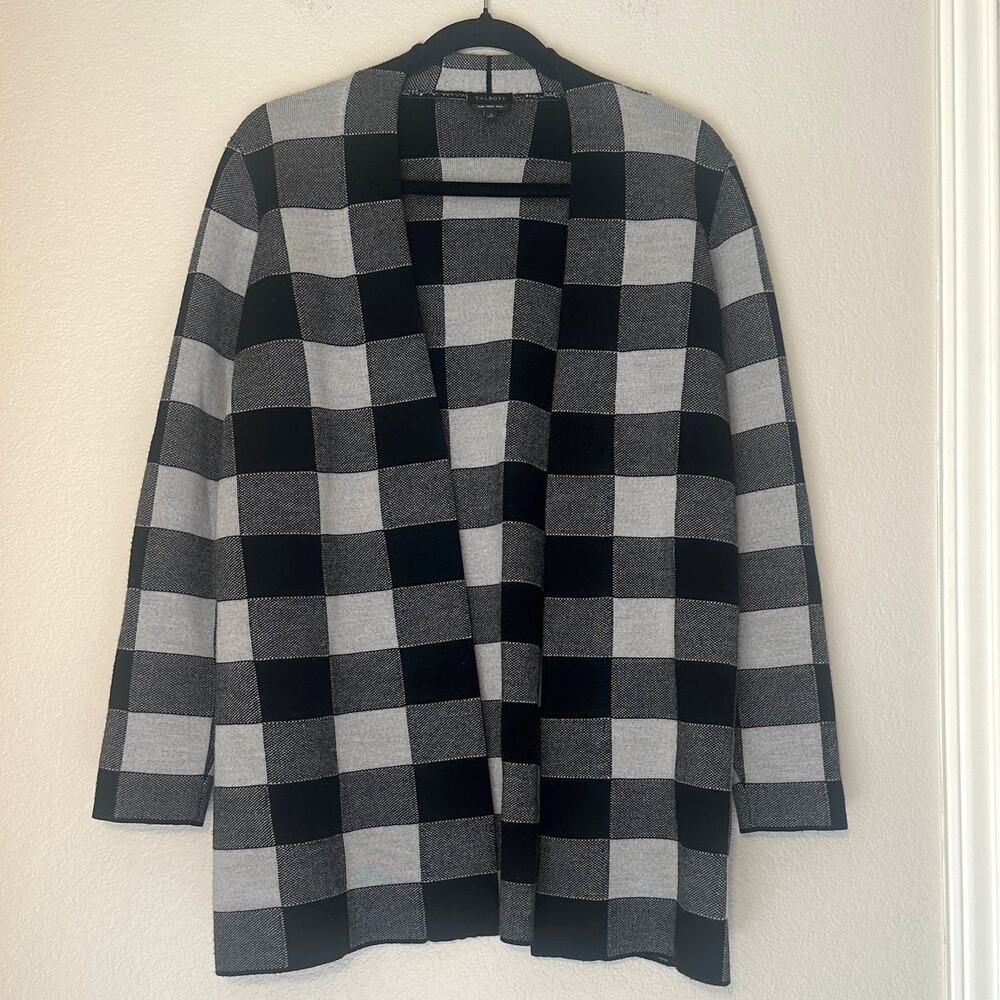 Talbots 100% merino wool black/white buffalo plaid‎ longline cardigan, Small